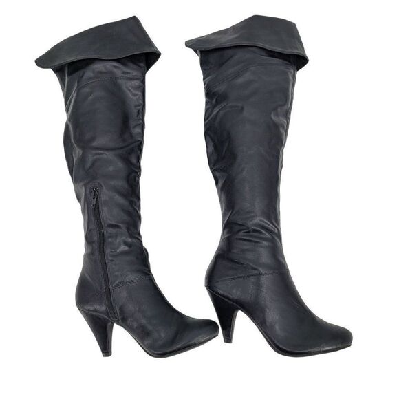 Vintage 90s Vegan Faux Leather Knee High‎ Boots 7 Black Cuffed Heeled Pirate - Picture 2 of 9